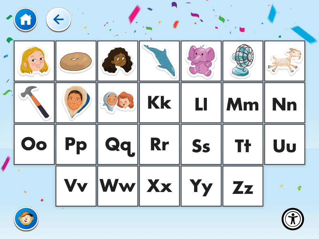 MMAZ — sticker wall reward screen showing completed alphabet with character stickers and confetti