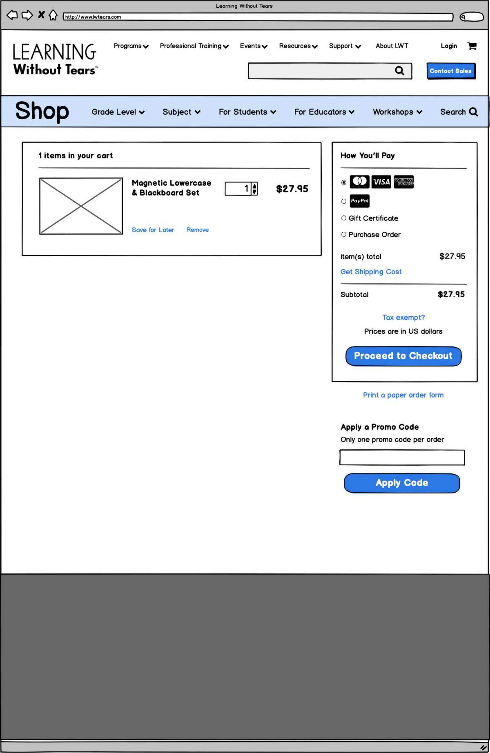 Cart and checkout wireframe — the standard path for shippable products