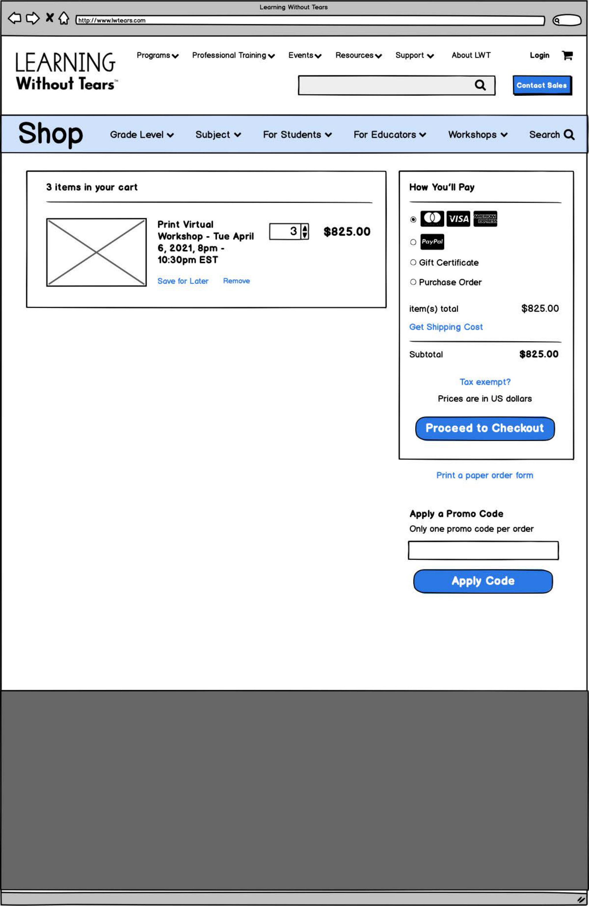 Cart and checkout wireframe — the workshop path, collecting registration details per attendee