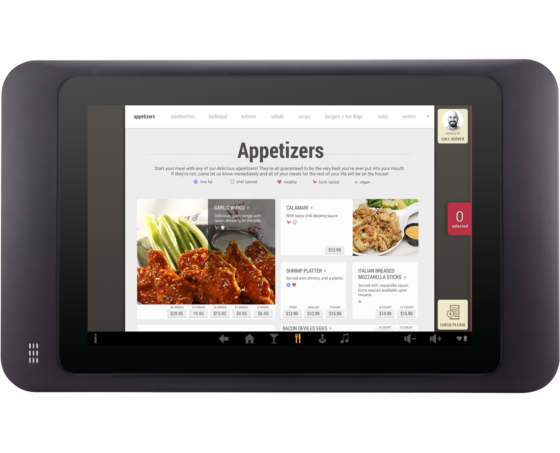 Tanjarine tablet — the appetizers menu as a browsable grid of photographed dishes