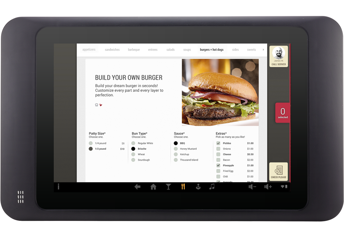 Tanjarine tablet — Build Your Own Burger: choose patty size, bun, sauce, and extras