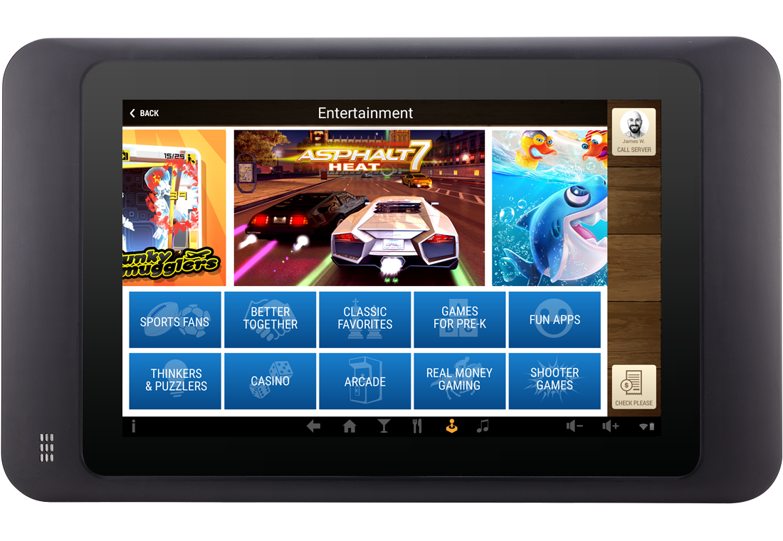 Tanjarine tablet — the entertainment hub: game categories with a featured title