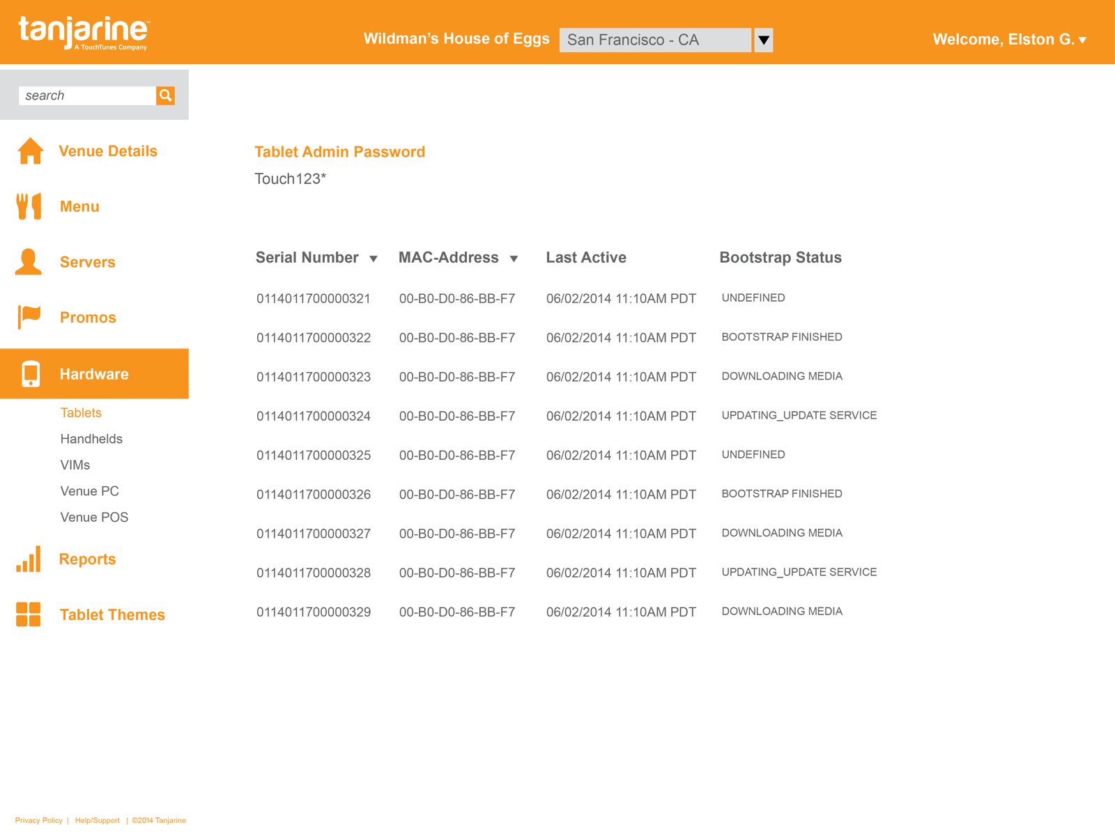 Redesigned admin — hardware list: tablets by serial number, MAC address, last active, and bootstrap status
