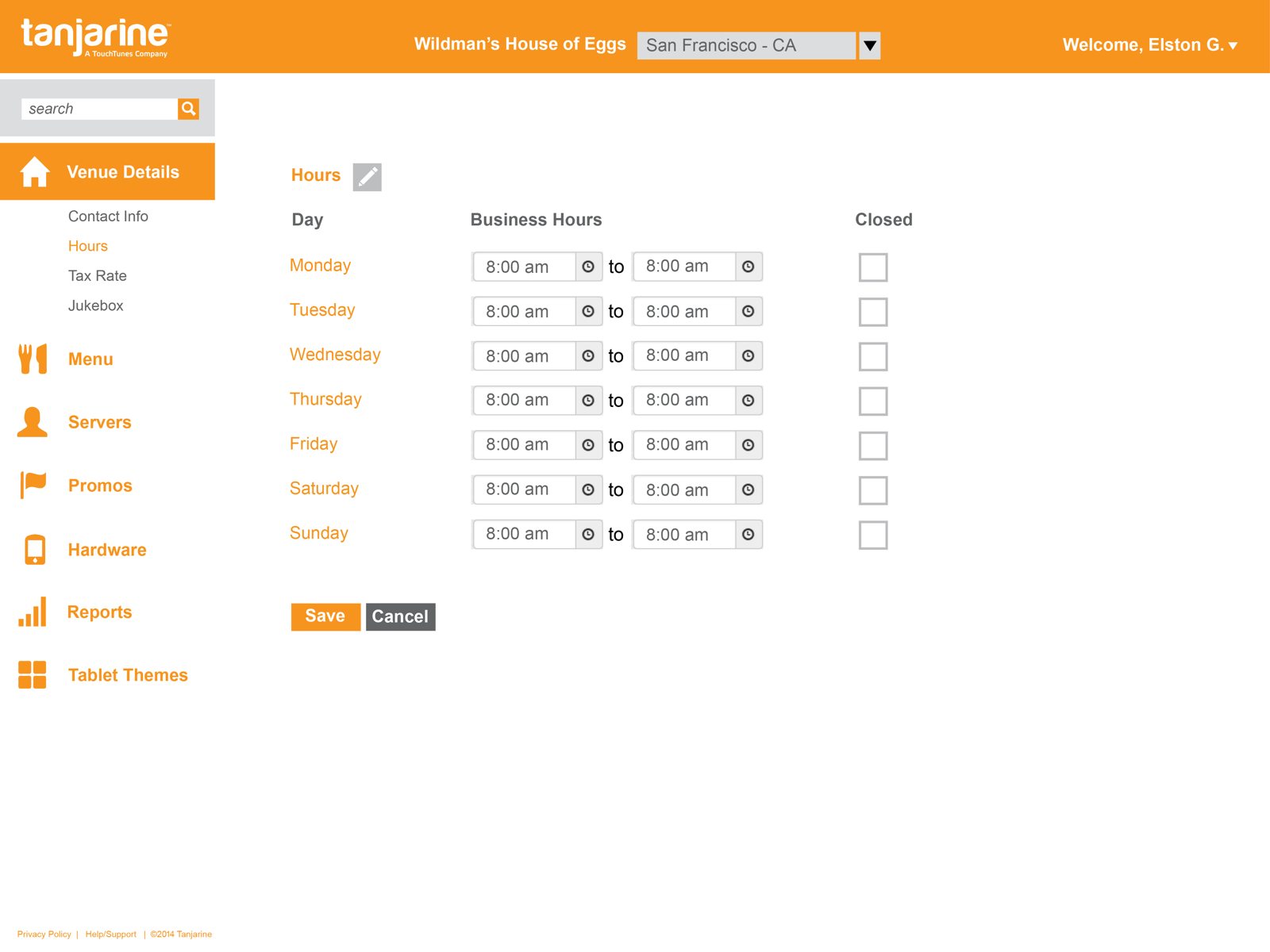 Redesigned admin — per-day business hours with a Closed toggle