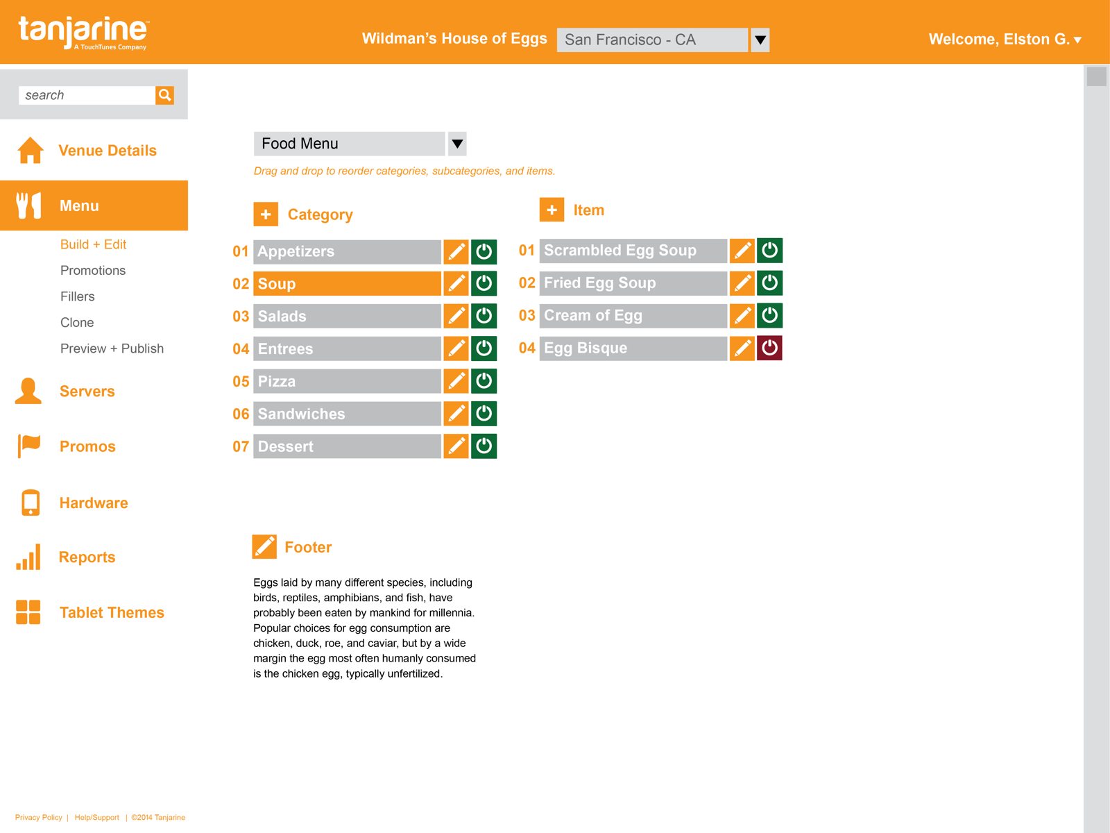 Redesigned admin — Menu Manager: drag-and-drop categories and items, Build-Your-Own toggle, and a menu footer