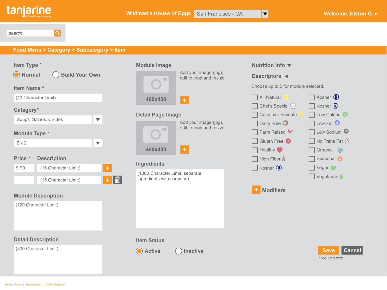 Redesigned admin — Menu Item builder: name, module type, prices, descriptions, images, nutrition, and up-to-five descriptor icons