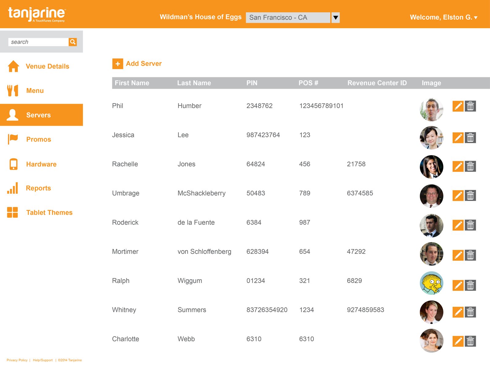 Redesigned admin — Servers list: first name, last name, PIN, POS number, revenue center ID, and photo