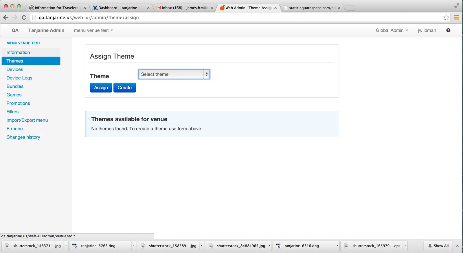 Pre-redesign admin — a bare venue side-nav and 'Assign Theme' screen