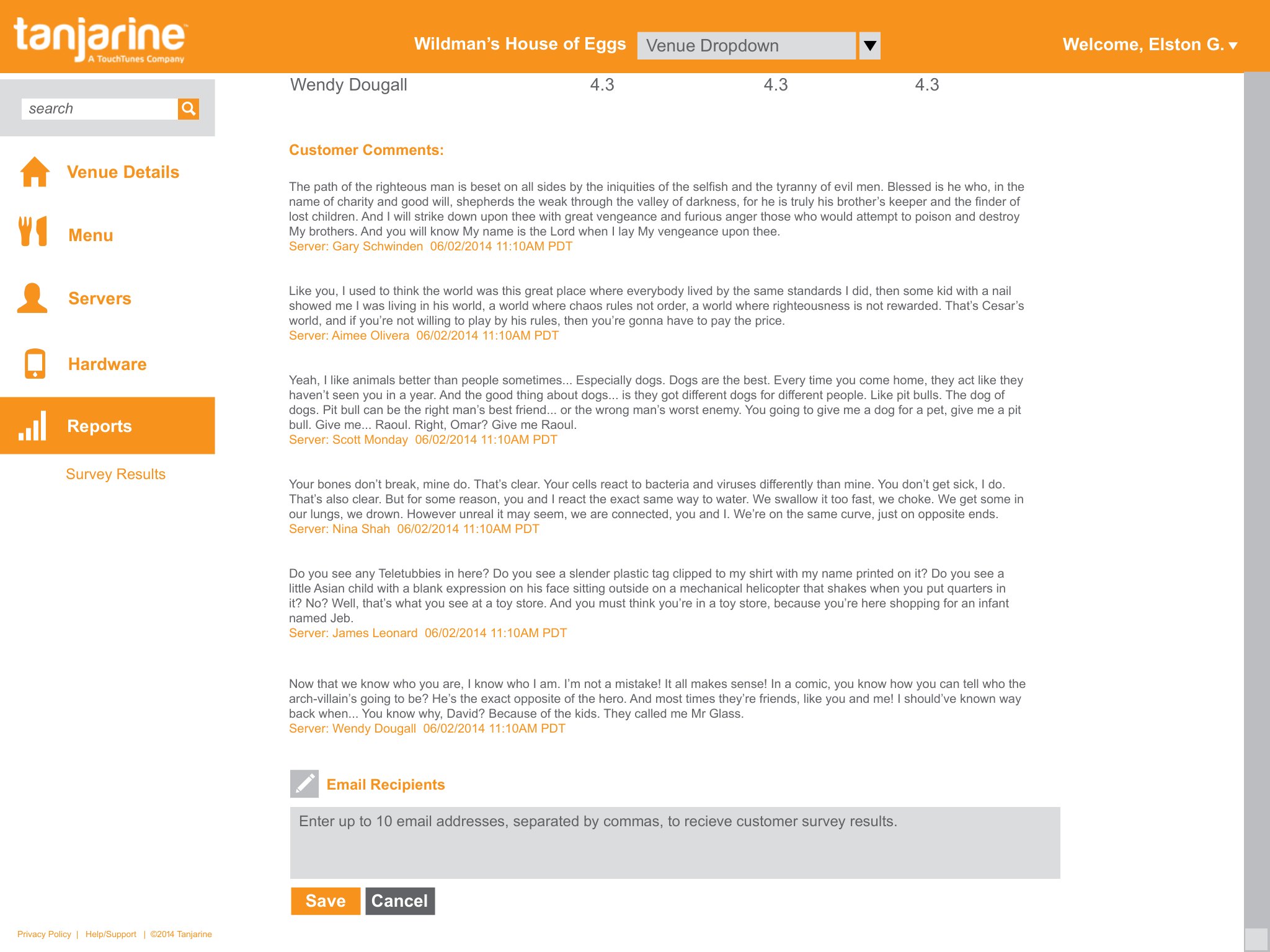Redesigned admin — Survey Results: customer comments tied to the server on duty, with an email-recipients field for export