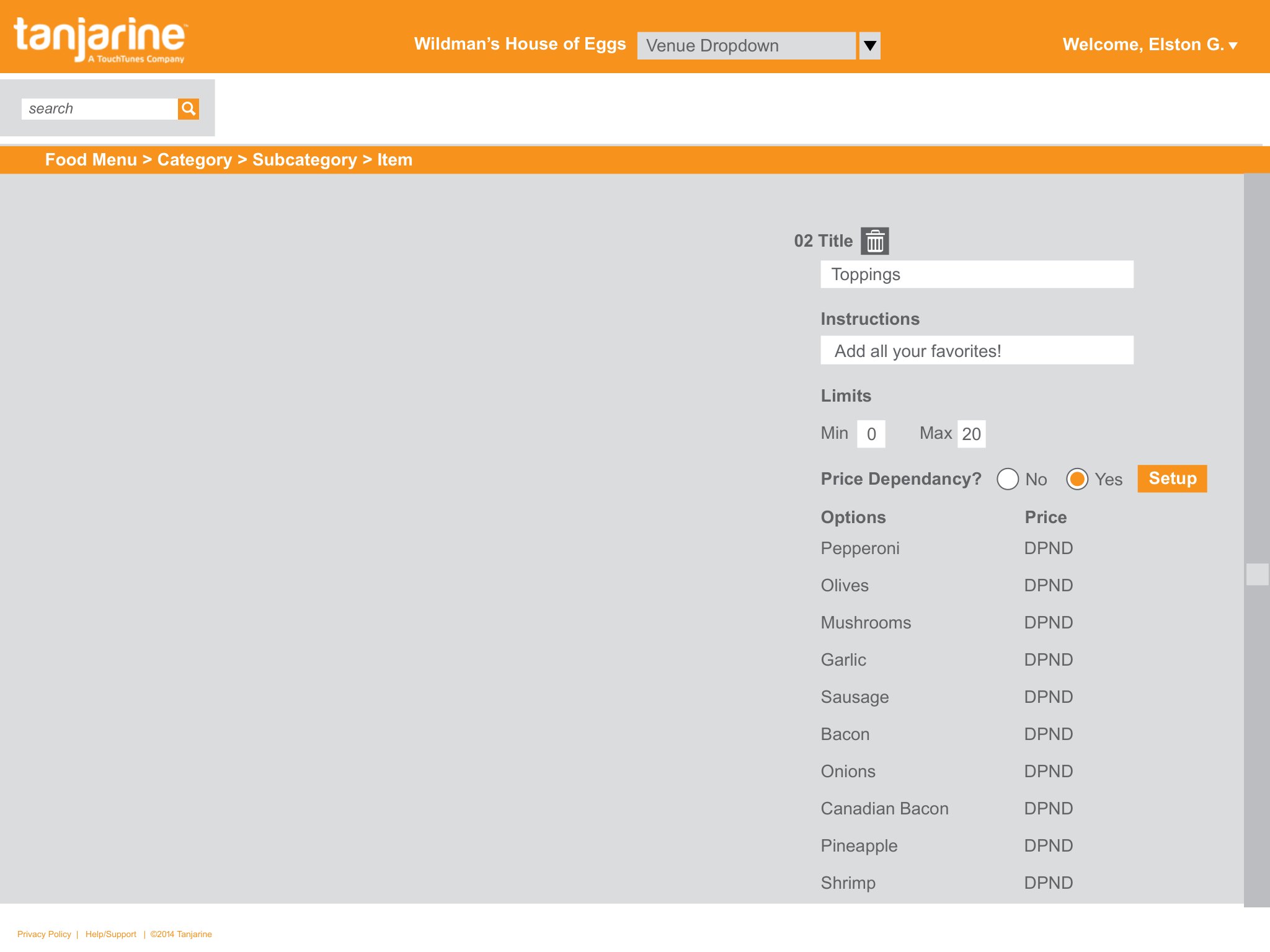 Redesigned admin — Modifier builder: title, instructions, min/max limits (0-20), a price-dependency toggle, and an options list