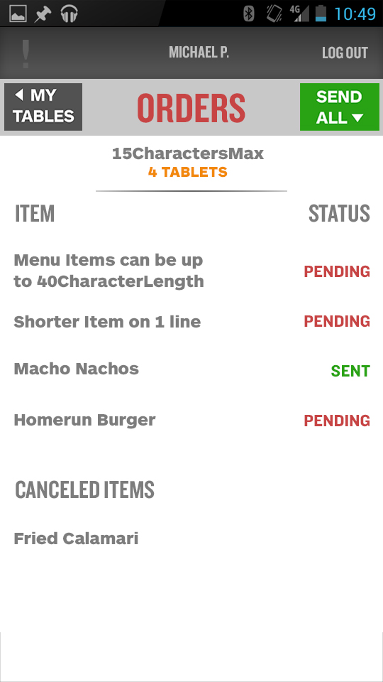 3.0 handheld — an order list with a raw '40CharacterLength' placeholder and PENDING/SENT labels
