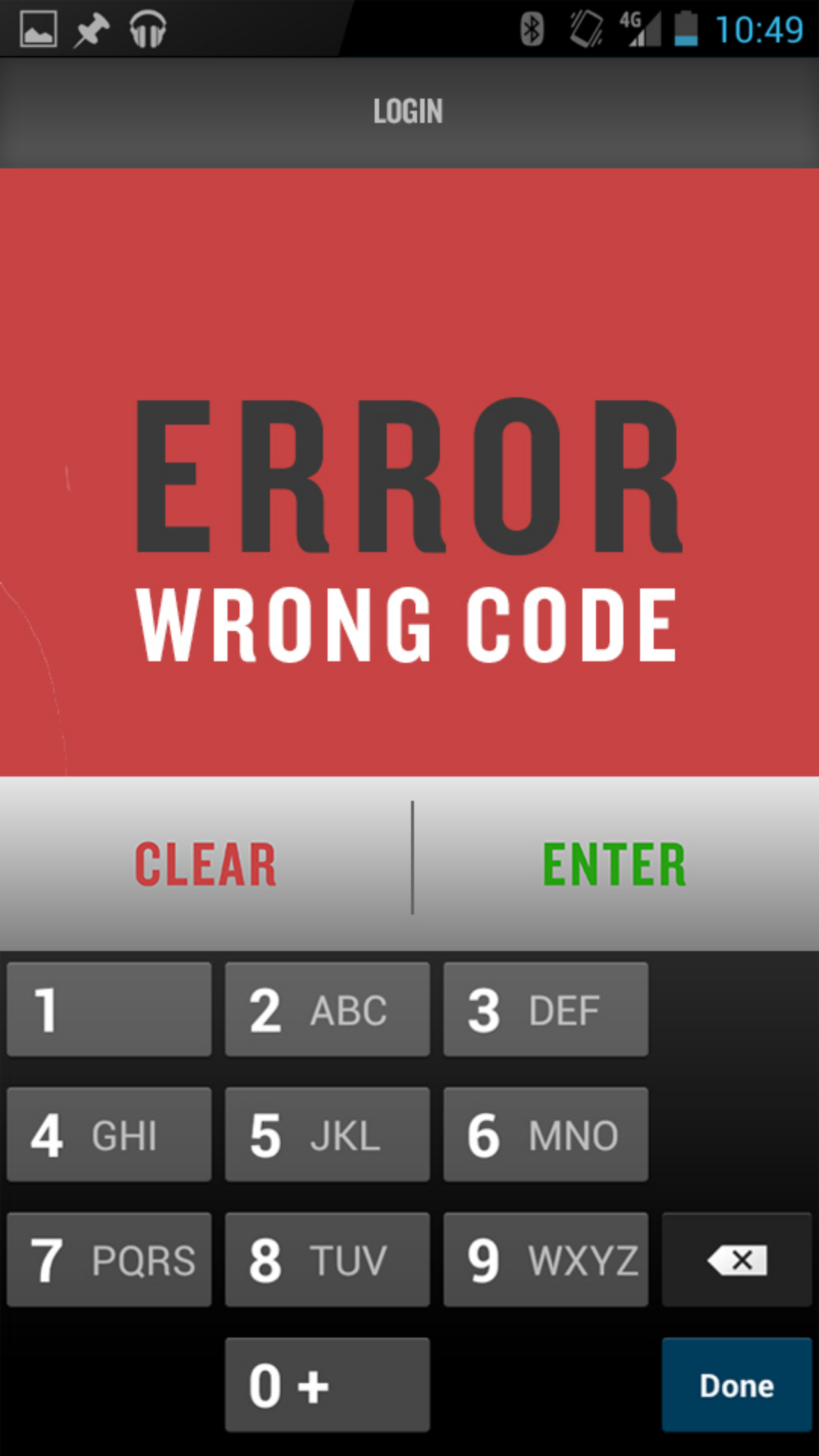 3.0 handheld — full-screen red error for a wrong PIN