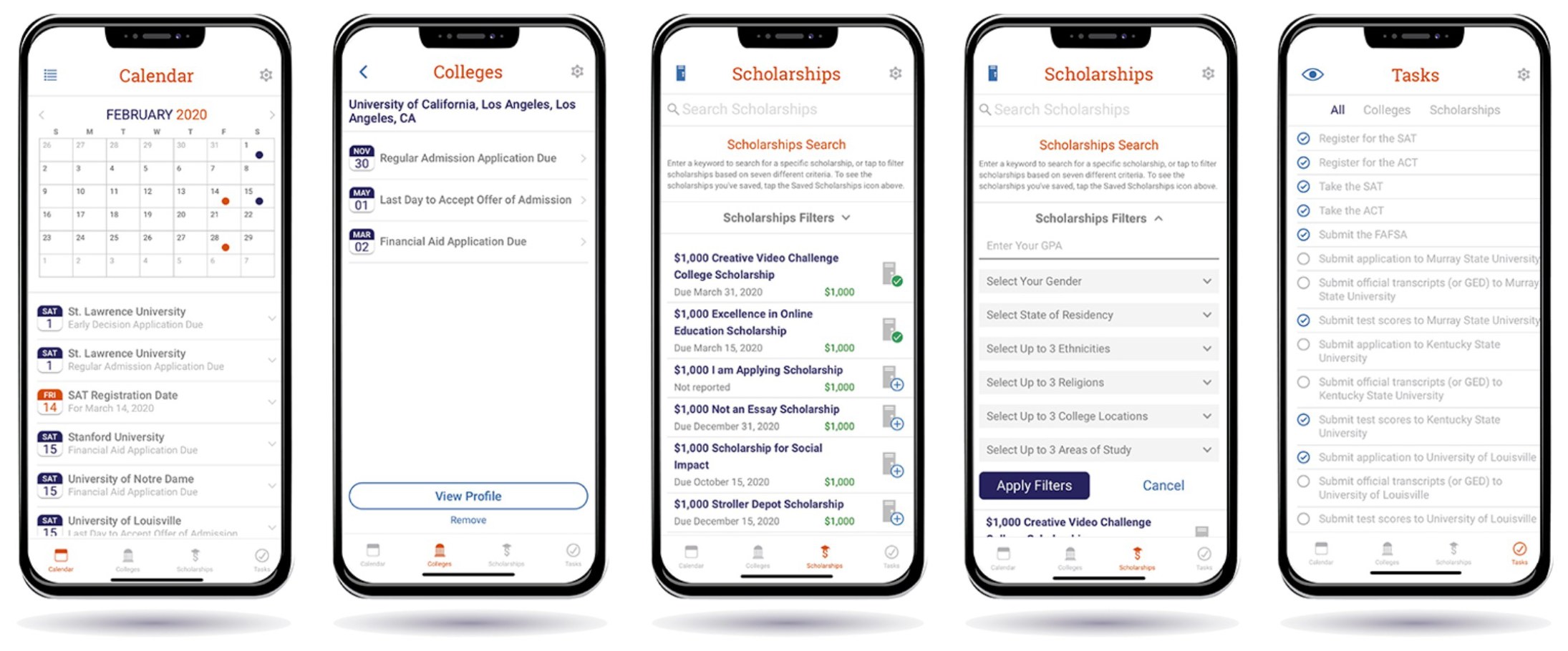 V2 final screens — calendar, colleges, scholarship search, and the combined task list