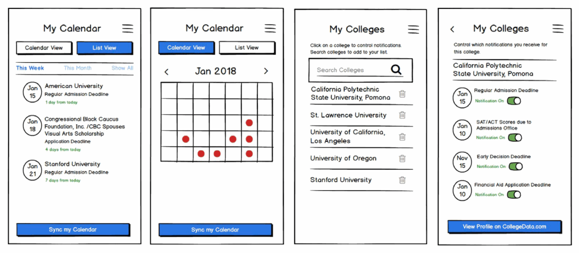 Wireframes — My Calendar in calendar and list views, the college list, and per-college alert controls
