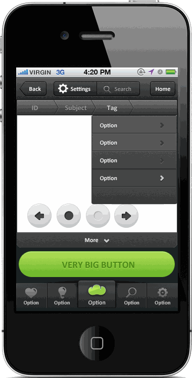 MobilePages — early UI concept with placeholder Very Big Button and green tab bar