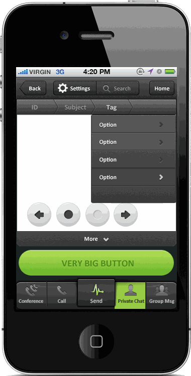 MobilePages — early UI concept exploring a Conference / Call / Private Chat / Group Msg tab bar