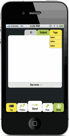 MobilePages — early concept exploring ID / Subject / Tags and Follow / Post / Share