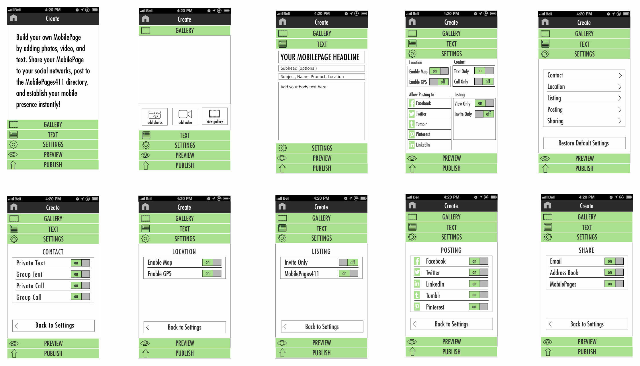 Create-a-listing wireframes, first pass — gallery, text, settings, contact, location, listing, posting, and share