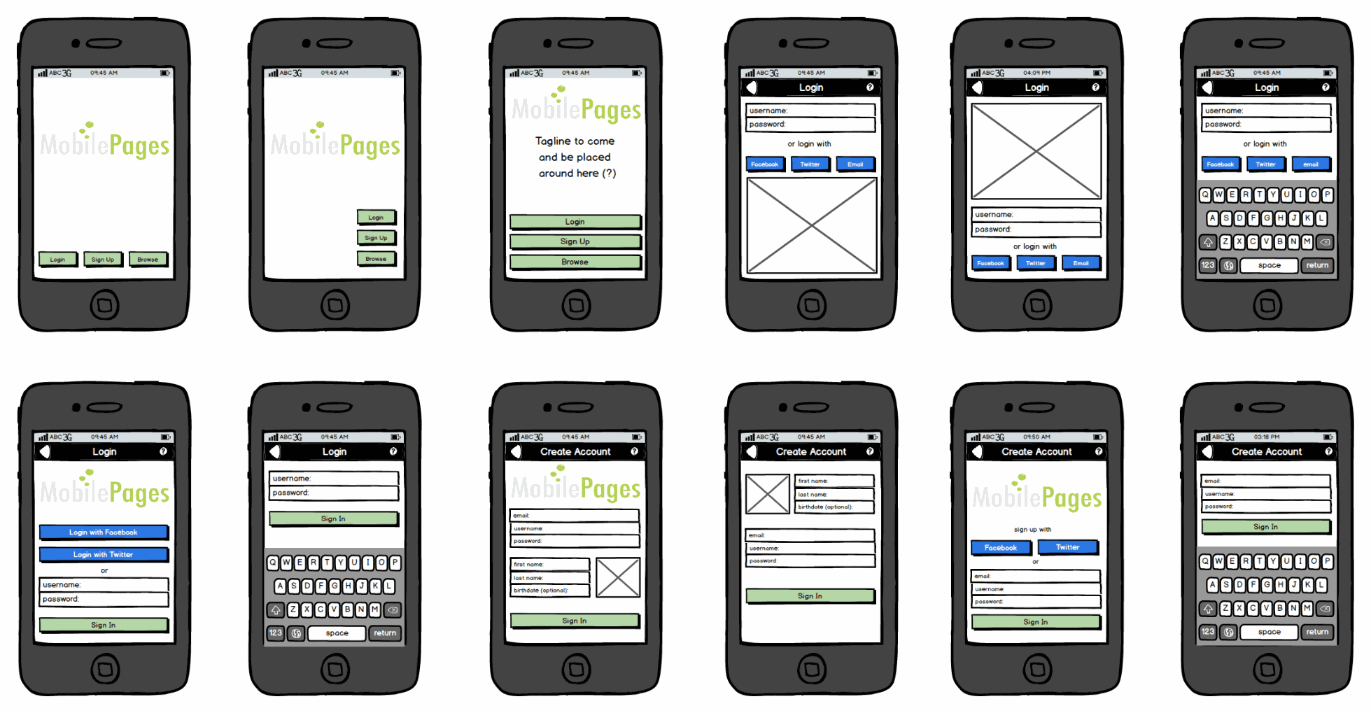 Login and create-account wireframe sheet — twelve device frames covering sign in, social login, and sign up