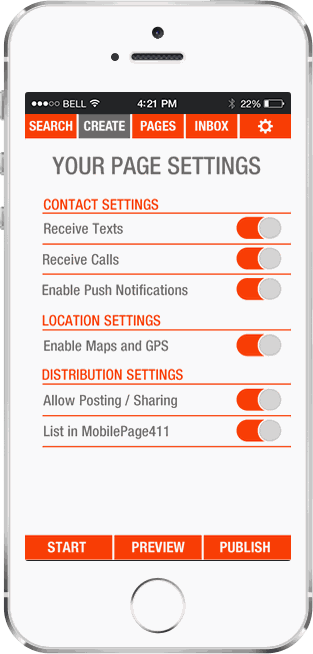 MobilePages create — page settings: contact, location, and distribution