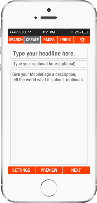 MobilePages create — headline, subhead, and description
