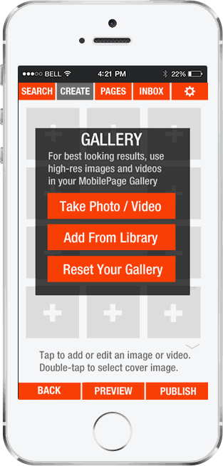 MobilePages create — gallery options: take photo, add from library, reset