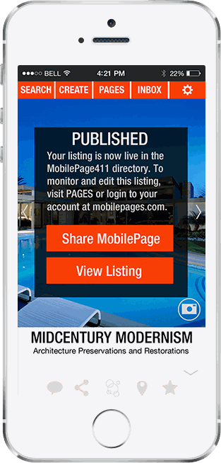 MobilePages create — published live, with Share and View Listing